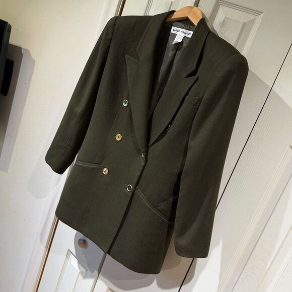 MINT VTG 80s Lloyd Williams 100% Pure Wool Olive Green Double Breasted Blazer 6 - Picture 2 of 12